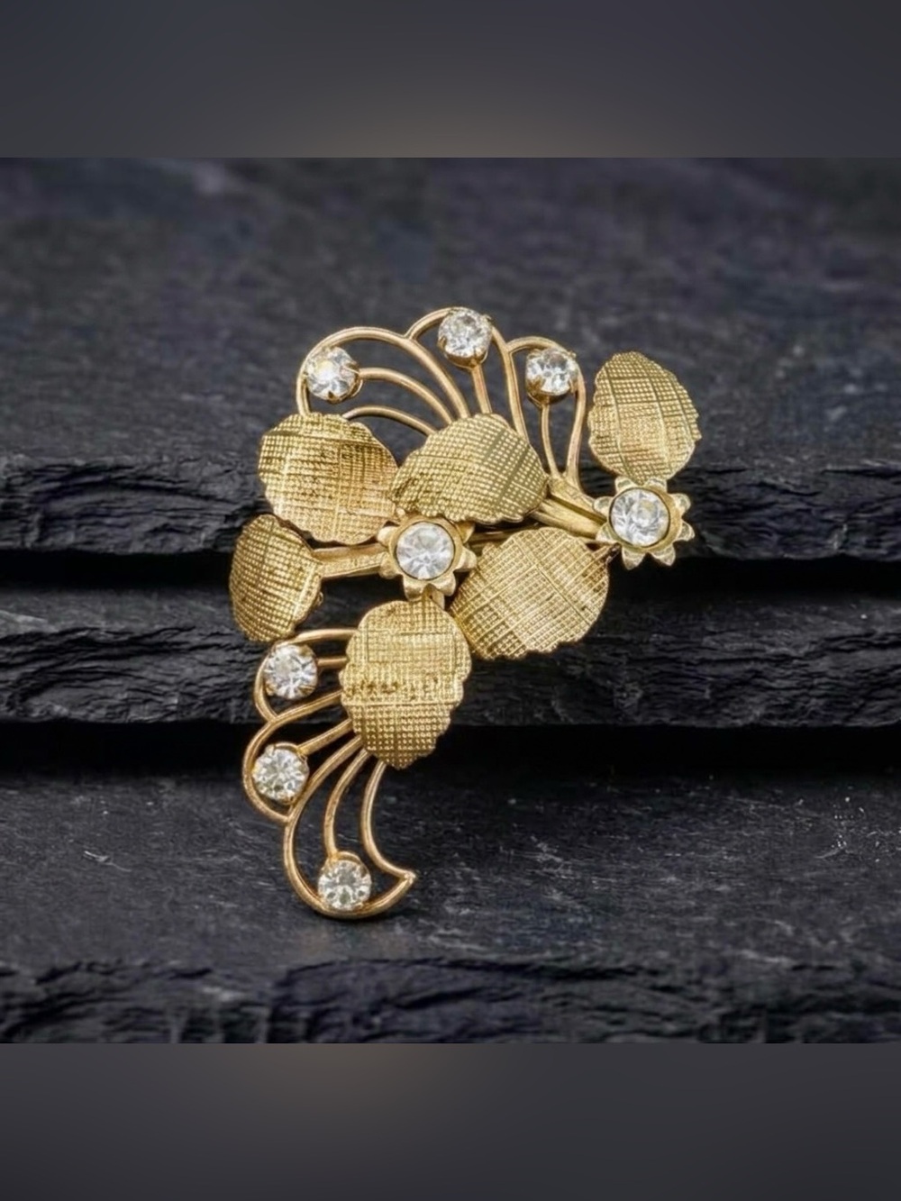 Vintage 50s Retro Florentine Textured Gold Spray Clear Rhinestone Floral Brooch